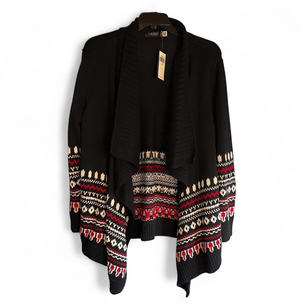 Lauren Ralph Lauren Womens 2X Black Fair Isle‎ Cotton Shawl-Collar Cardigan NWT